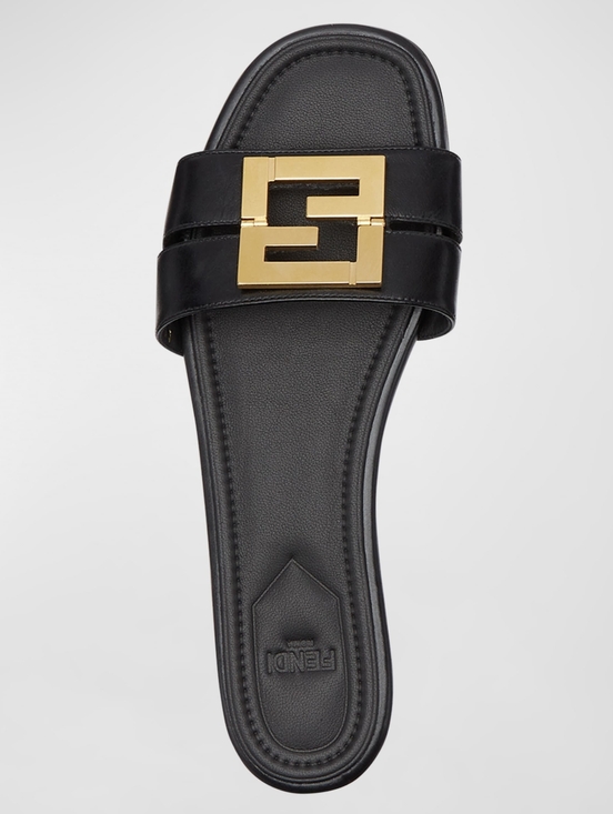 Fendi Shoes - Fendi Black Leather Slides with Gold Double-F Logo